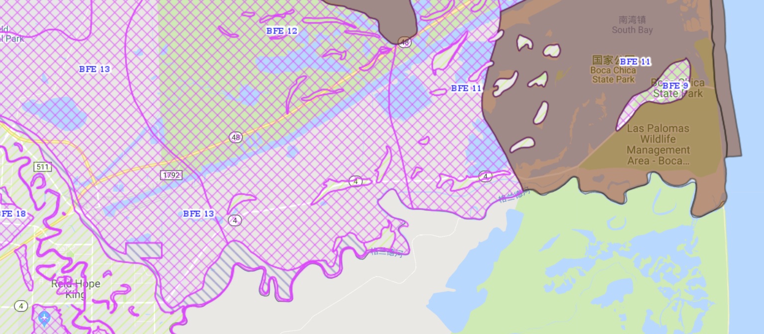 100-year floodplain (crosshatched) with the Palmito Ranch Battlefield NHL boundary outlined in yellow (Map by FEMA). 