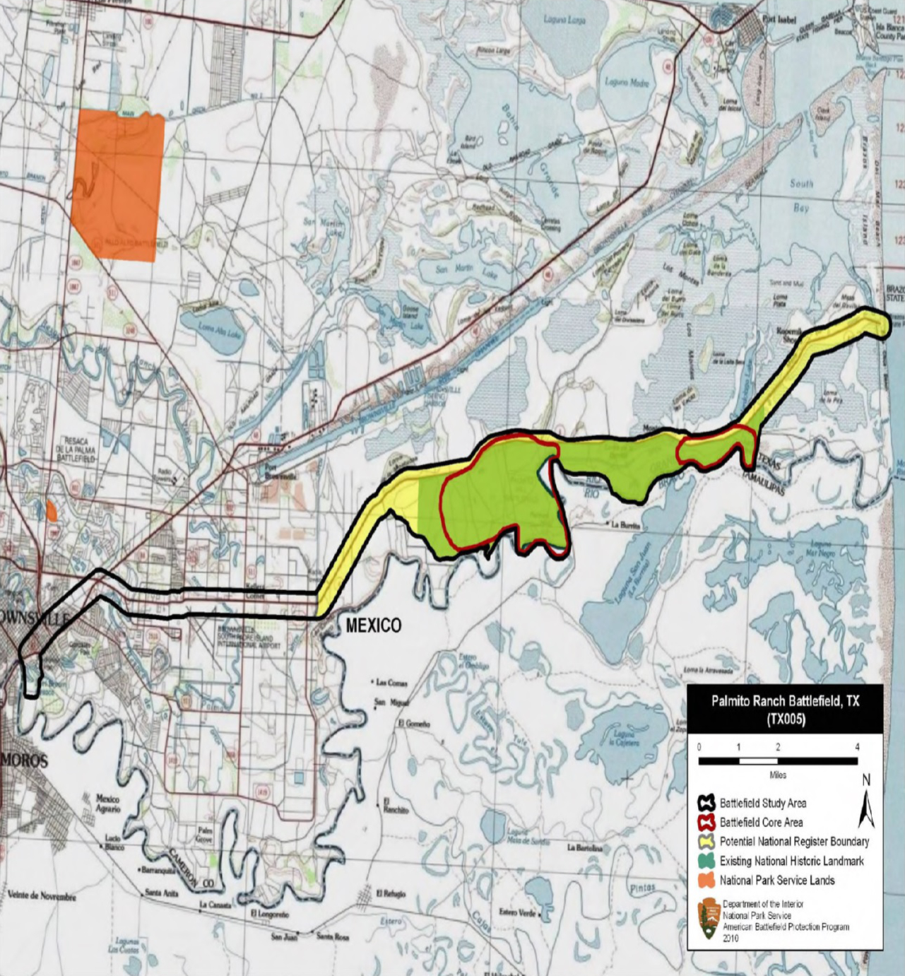 Map of Palmito Ranch Battlefield core and study areas, 2010. Source: American Battlefield Protection Program, National Park Service.