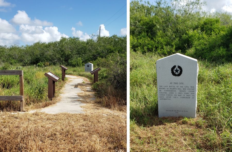 The walkway leading from the parking area to the viewing platform at Palmito Ranch Battlefield contains several interpretive signs depicting battle information and a historic marker from the State of Texas, 1936. Photos: Melissa Currie, August 2019.